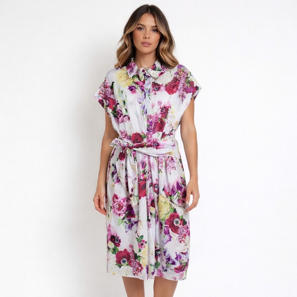 Icone Floral Shirt Dress | Cotton Wrap Waist Midi Dress | Romantic Garden Print